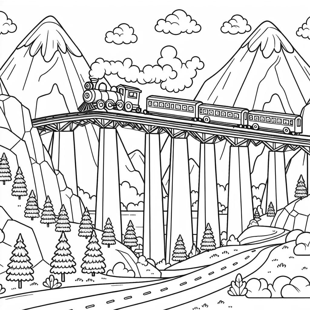 A train going over a tall bridge in the mountains