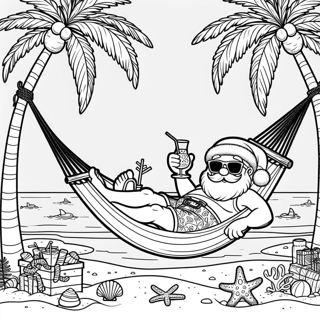 a Santa Claus wearing shorts and a tank top and resting in a hammock on the beach
