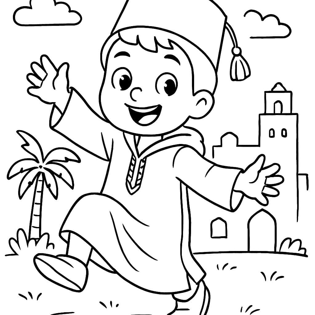 Un enfant avec une djellaba et un chapeau marocain qui danse.