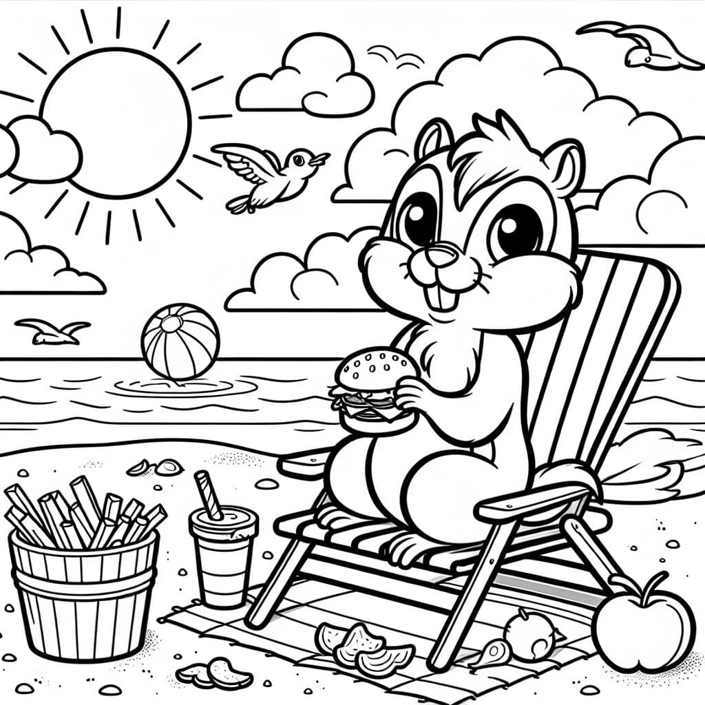 a chipmunk sitting on a chair on the beach eating a hamburger and potato chips