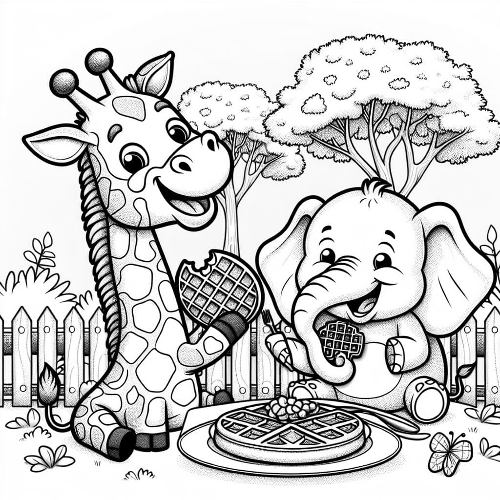 a giraffe and an elephant eating waffles for breakfast