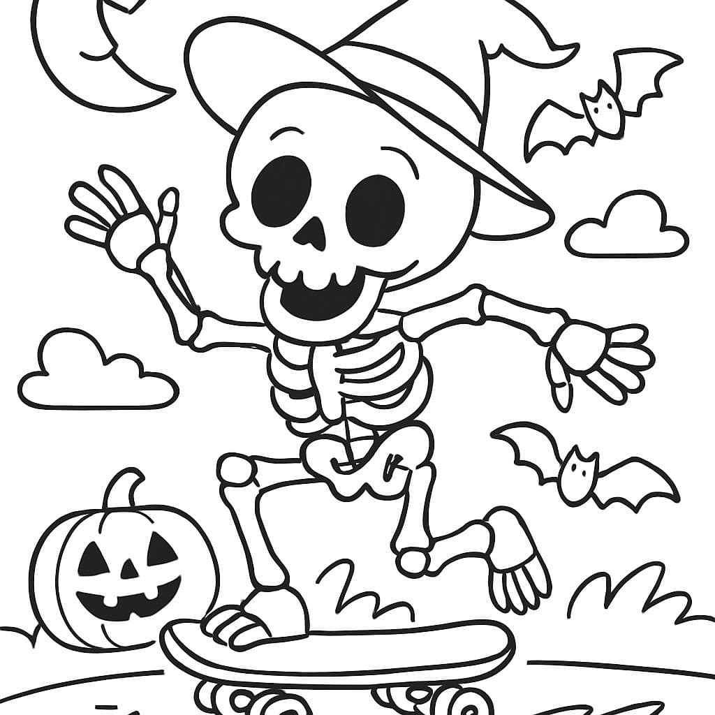 un esqueleto de Halloween montando una patineta