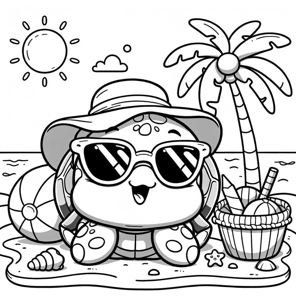 Süße Schildkröte mit großem Kopf, Hut und Sonnenbrille am Strand