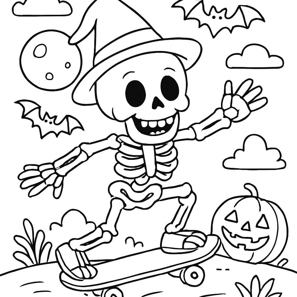 un esqueleto de Halloween montando una patineta