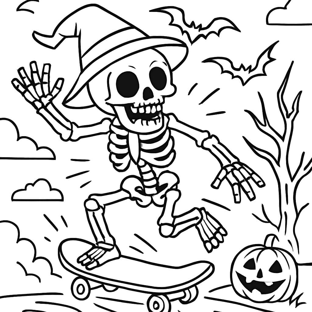 un esqueleto de Halloween montando un monopatín