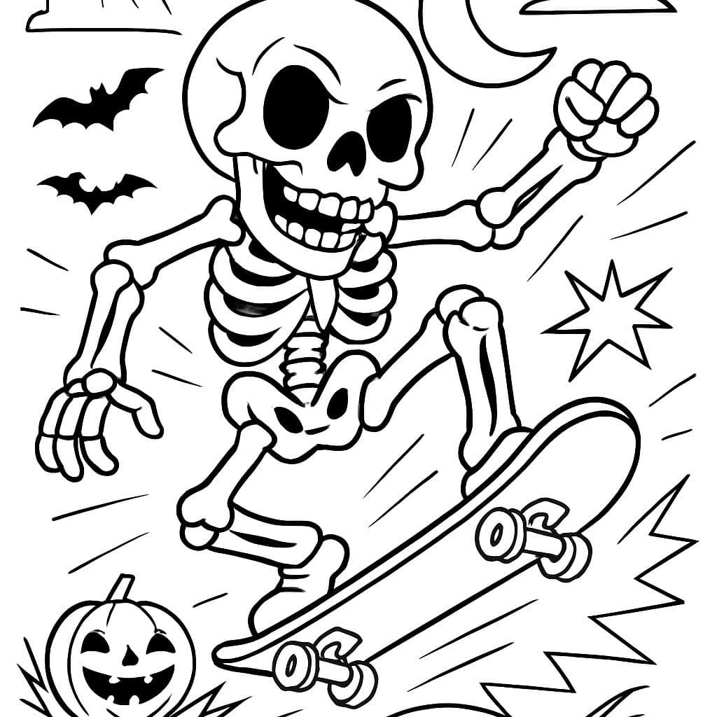 un esqueleto de Halloween montando un patinete