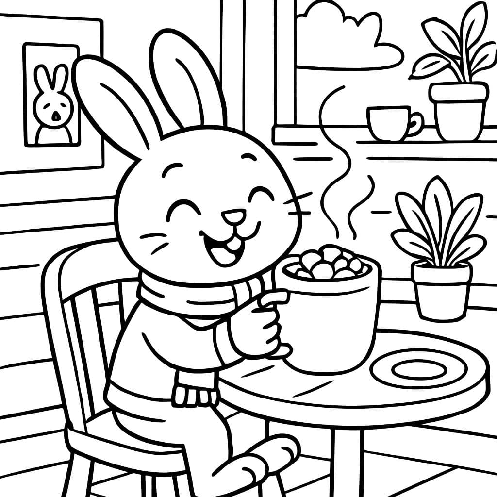 Ein Hase, der heiße Schokolade in einem gemütlichen Café trinkt