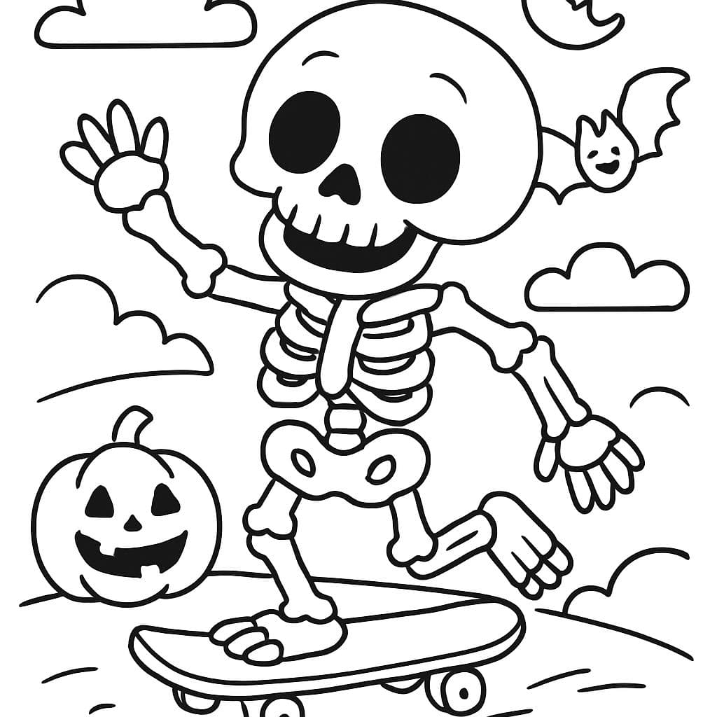 un esqueleto de Halloween montando un patinete