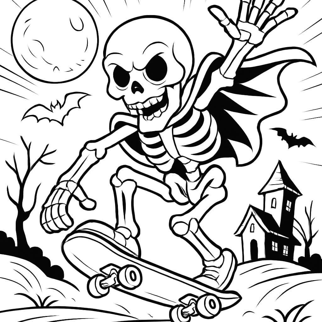 un esqueleto de Halloween montando en patineta
