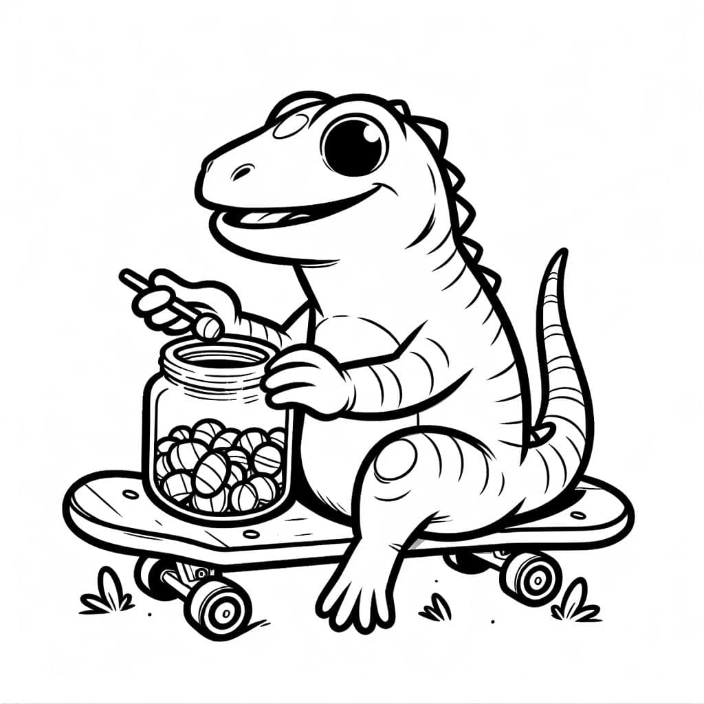 lizard sitting on a skateboard holding a jar of candy