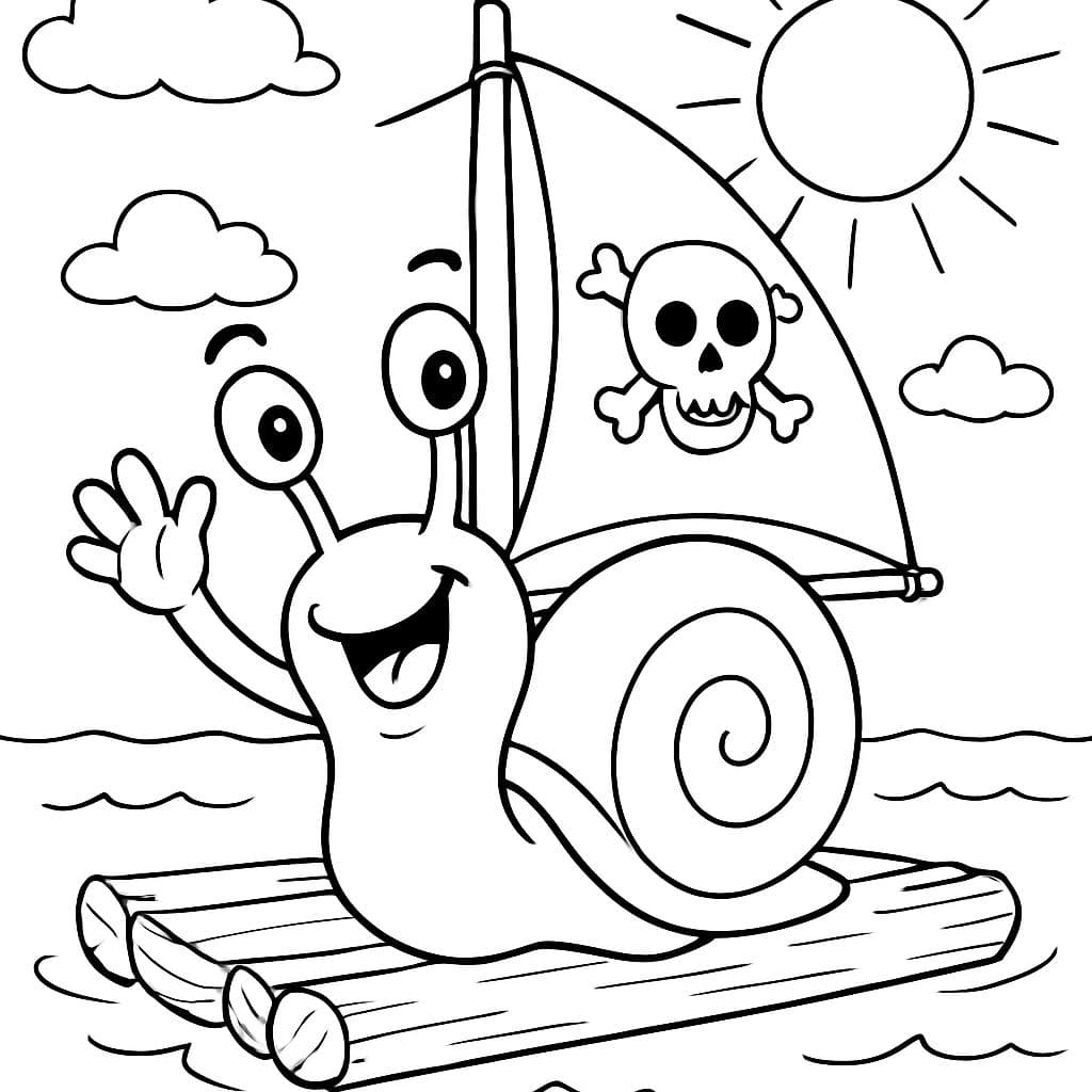 une escargot sur un radeau. Avec une voile sur laquelle est écrit 'Pirate'.