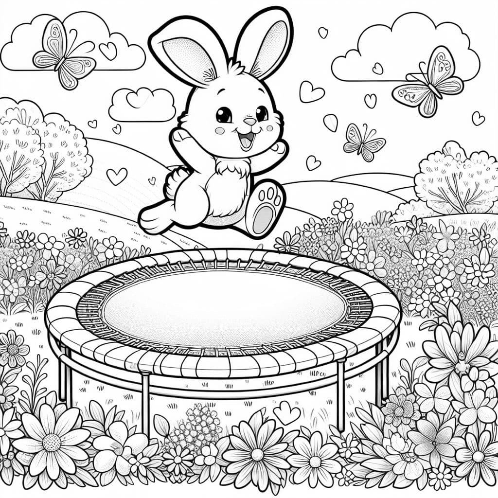 bunny hoping on a trampoline in a field of flowers