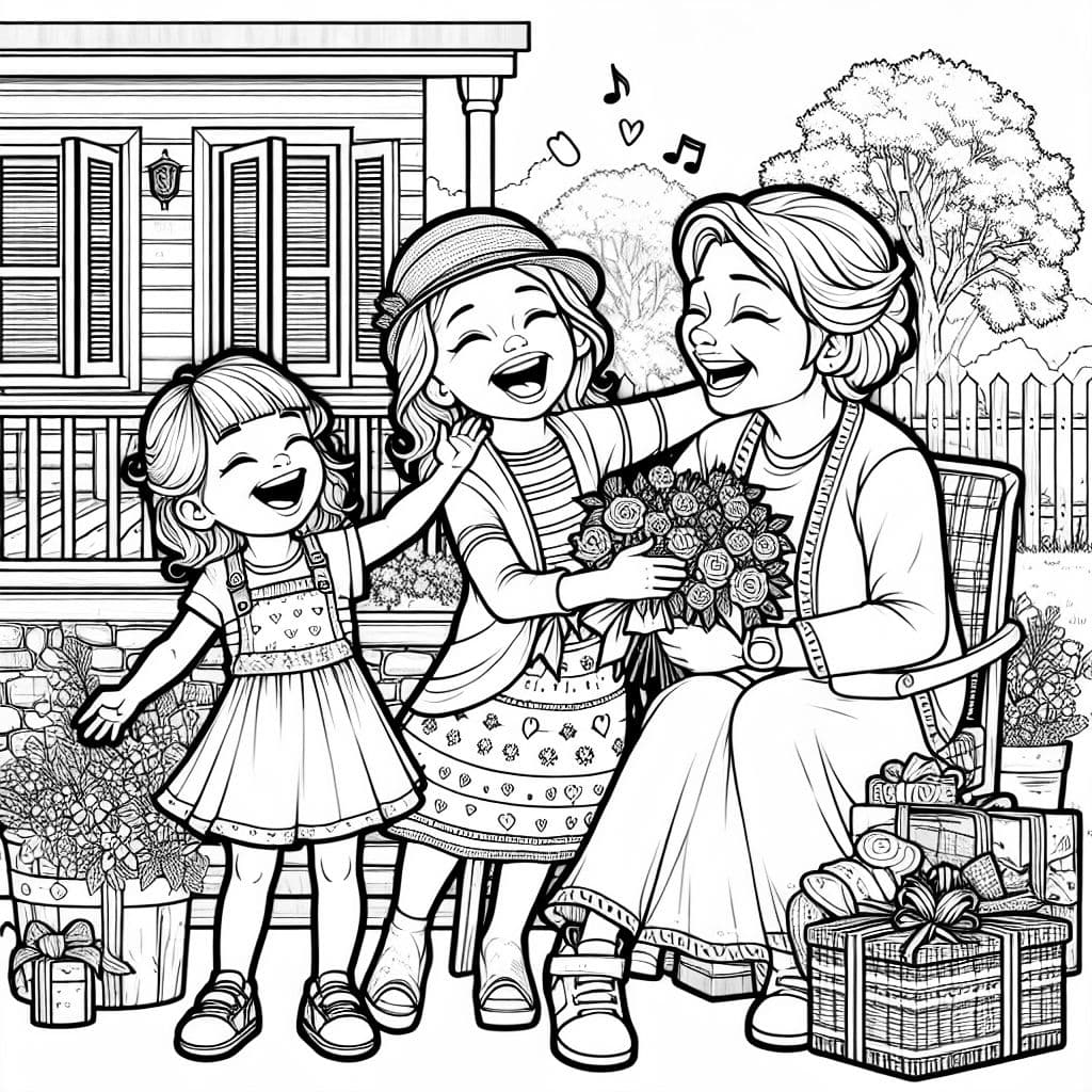 Una pequeña niña americana celebrando el Día de la Madre con su mamá y su abuela con un texto que dice “feliz día de las madres mimi”.