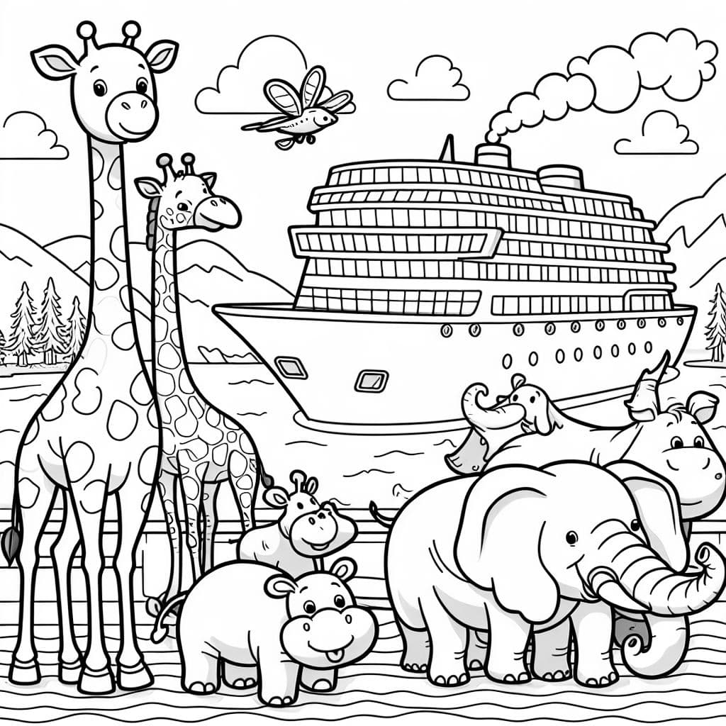 Jirafas, hipopótamos y elefantes en un barco de crucero