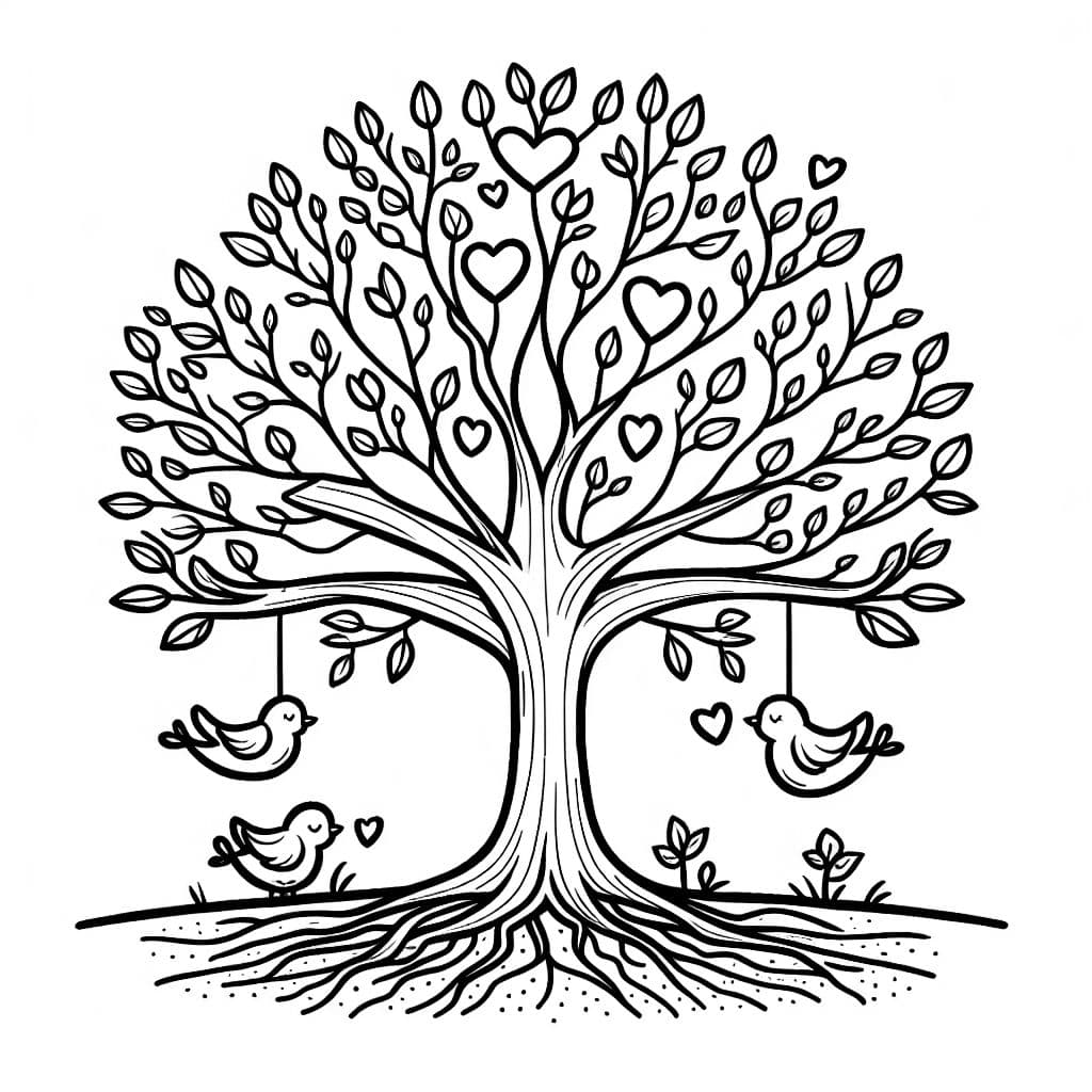 A sturdy tree with roots and branches symbolizing family, strength, and connection. Include heart-shaped leaves or two little birds perched in the branches.