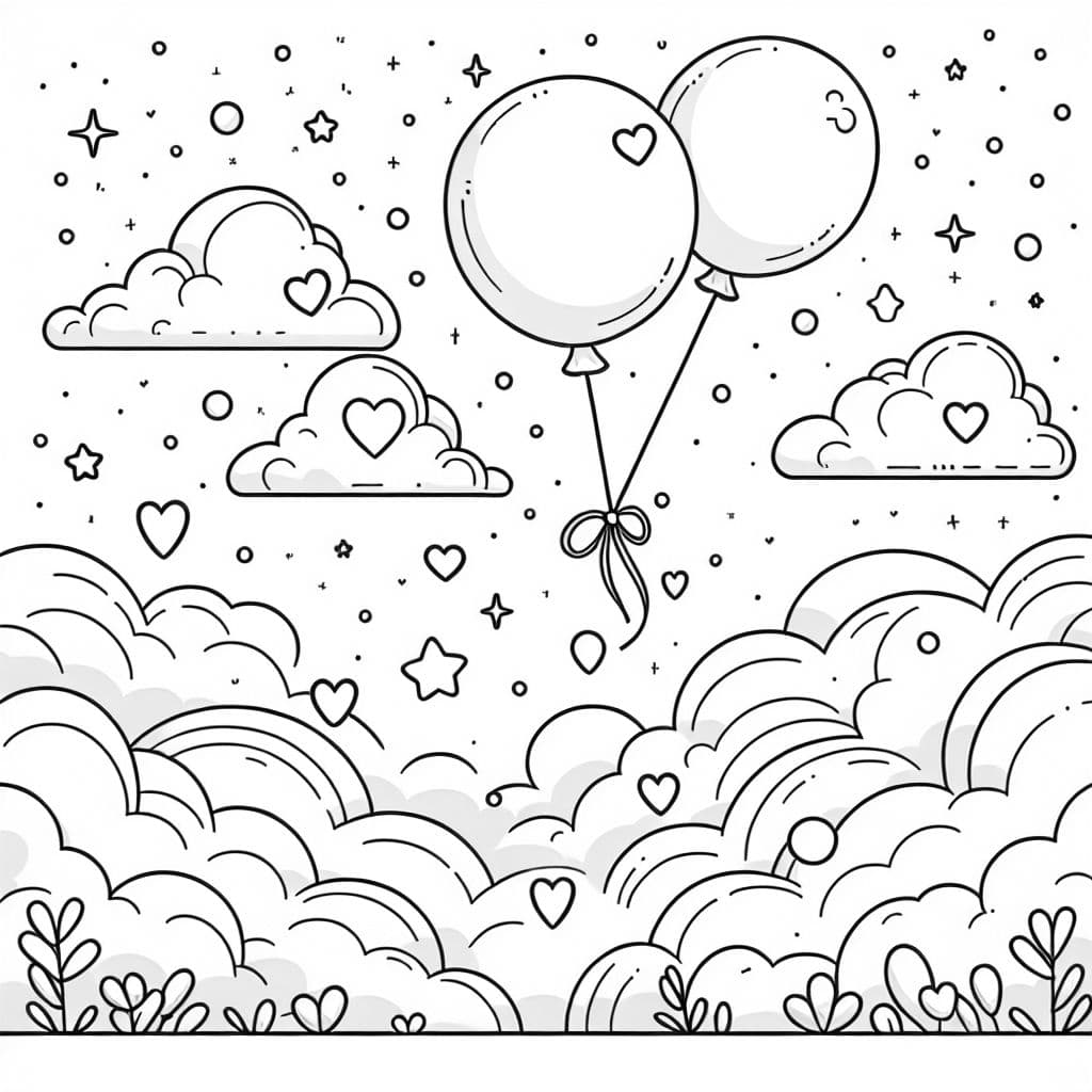 Two balloons rising gently into the sky, surrounded by fluffy clouds with subtle hearts or stars