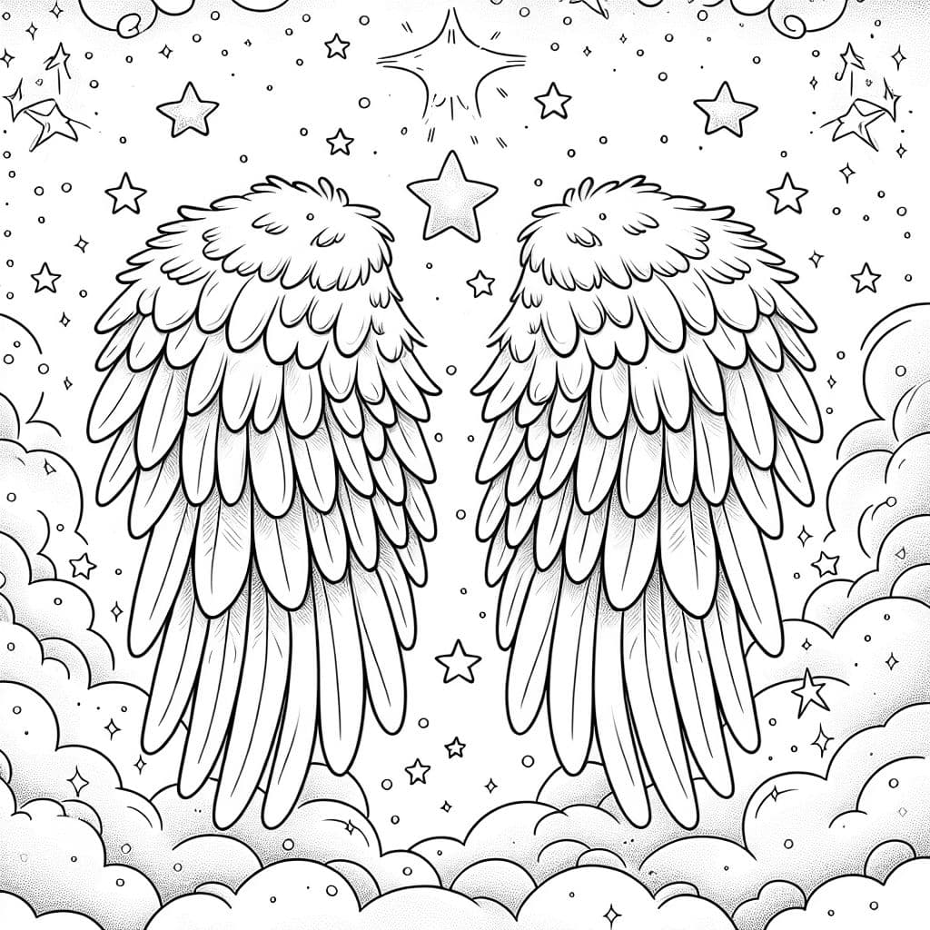 A peaceful design with soft, feathery angel wings surrounded by stars