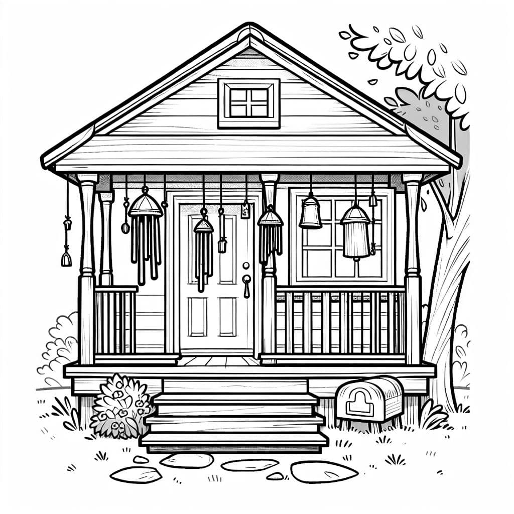 2 wind chimes hanging on the front porch of a house