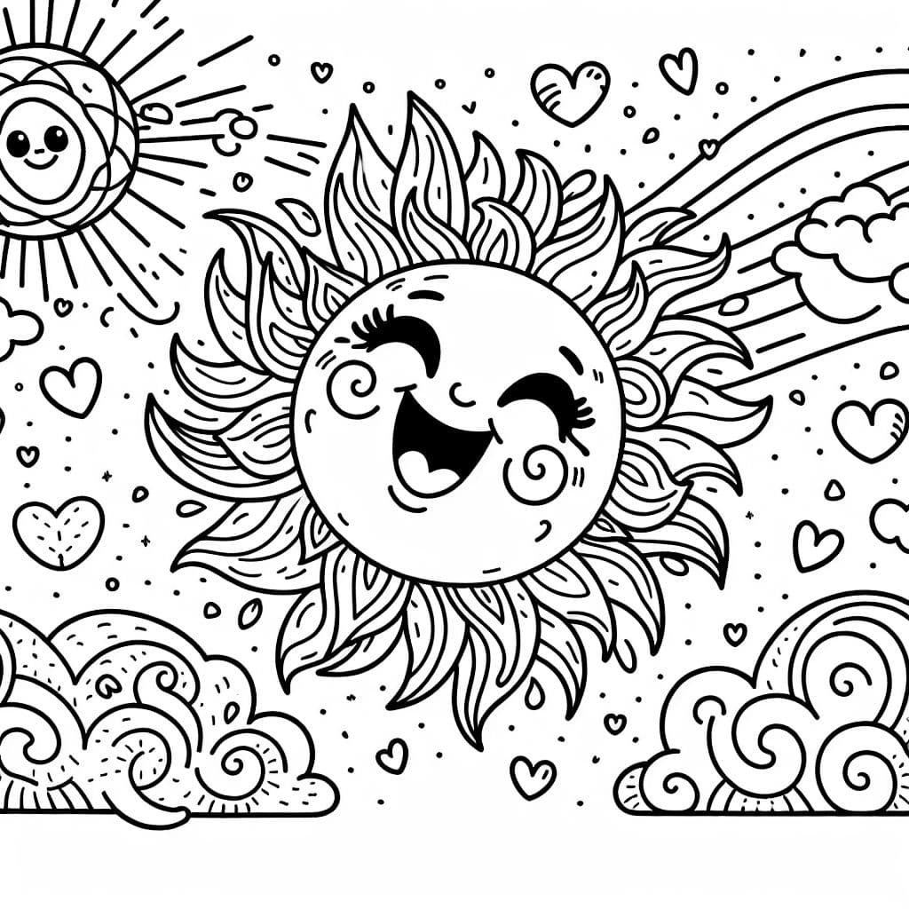 a happy sun in the sky with hearts surrounding her