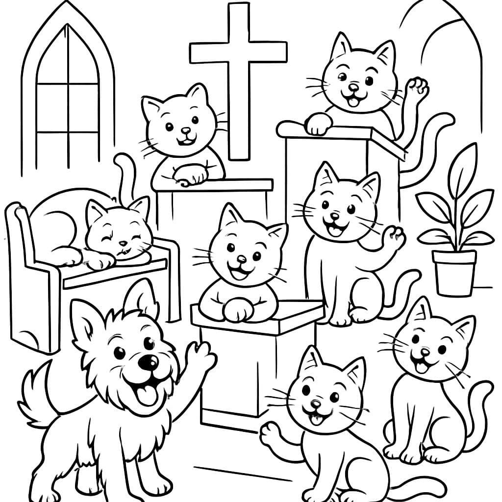 Un perro terrier y 7 gatos en una iglesia humanista