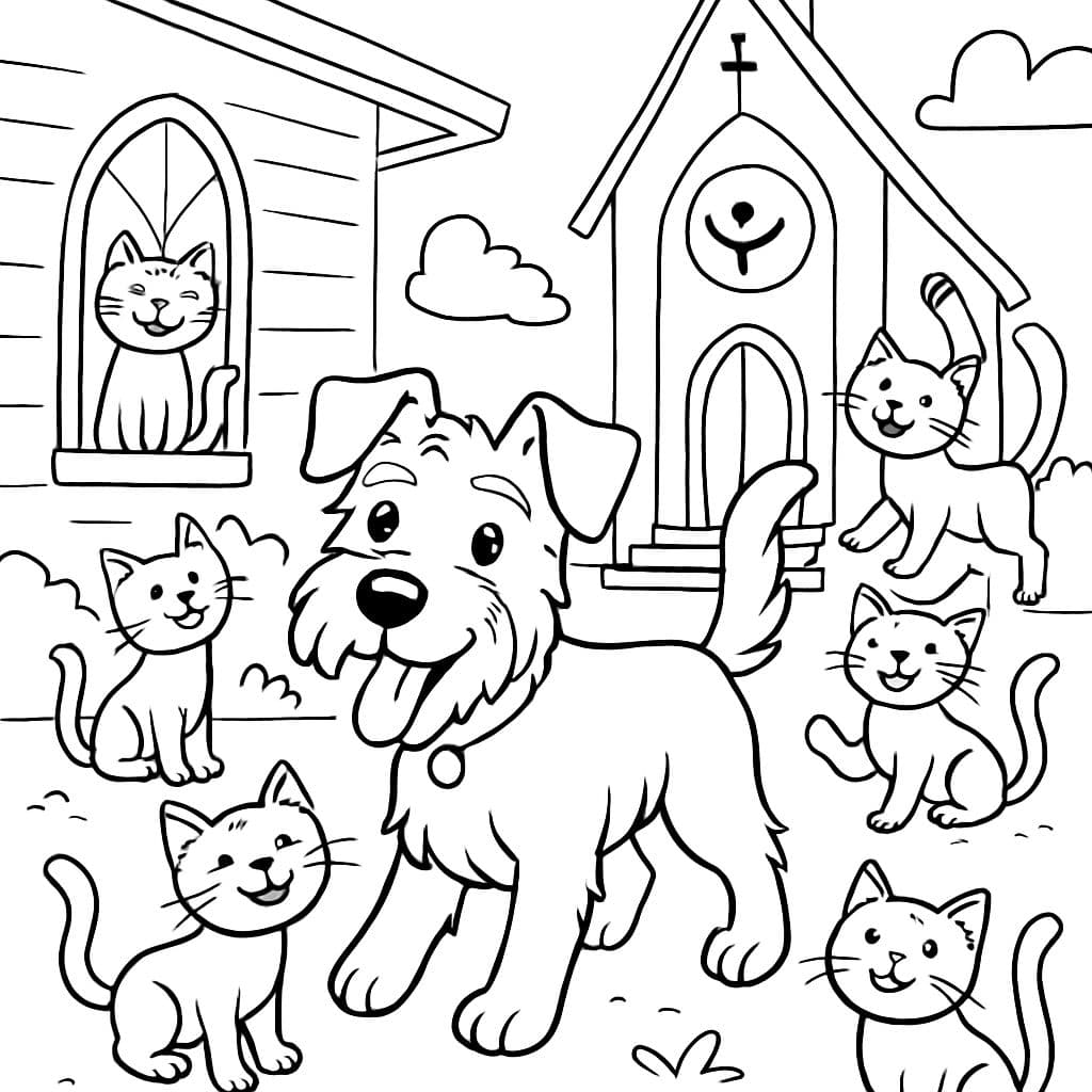 Un chien terrier de taille moyenne et 7 chats dans une église humaniste.