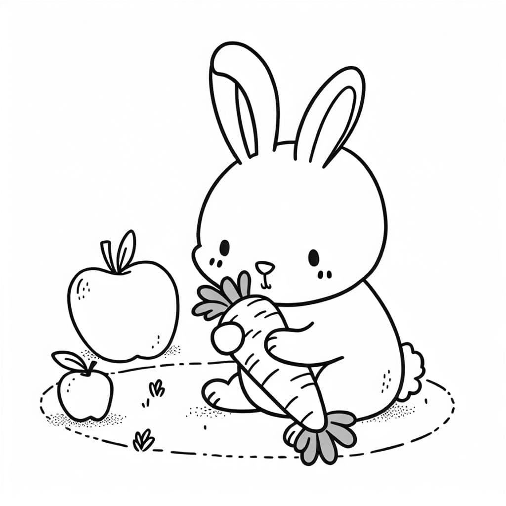 Rabbit eating a carrot with apple on the floor