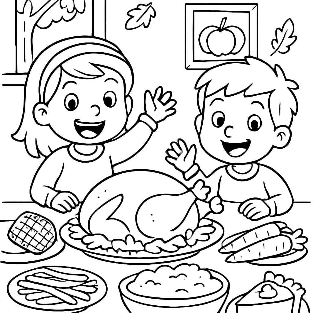 garçon et fille au dîner de Thanksgiving avec dinde, épis de maïs, carottes, haricots verts, pommes de terre, purée de pommes de terre, tarte au potiron