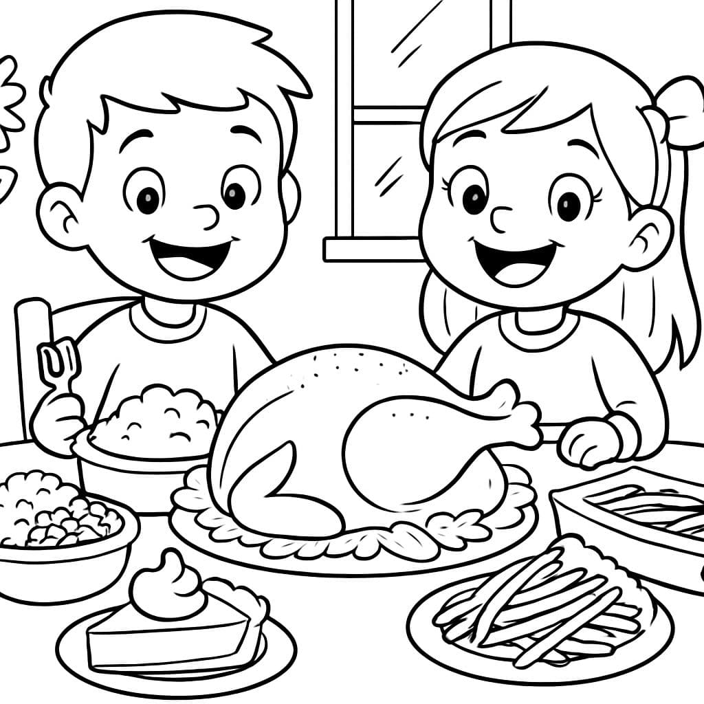 garçon et fille au dîner de Thanksgiving avec dinde, purée de pommes de terre, maïs, carottes, haricots verts et tarte à la citrouille