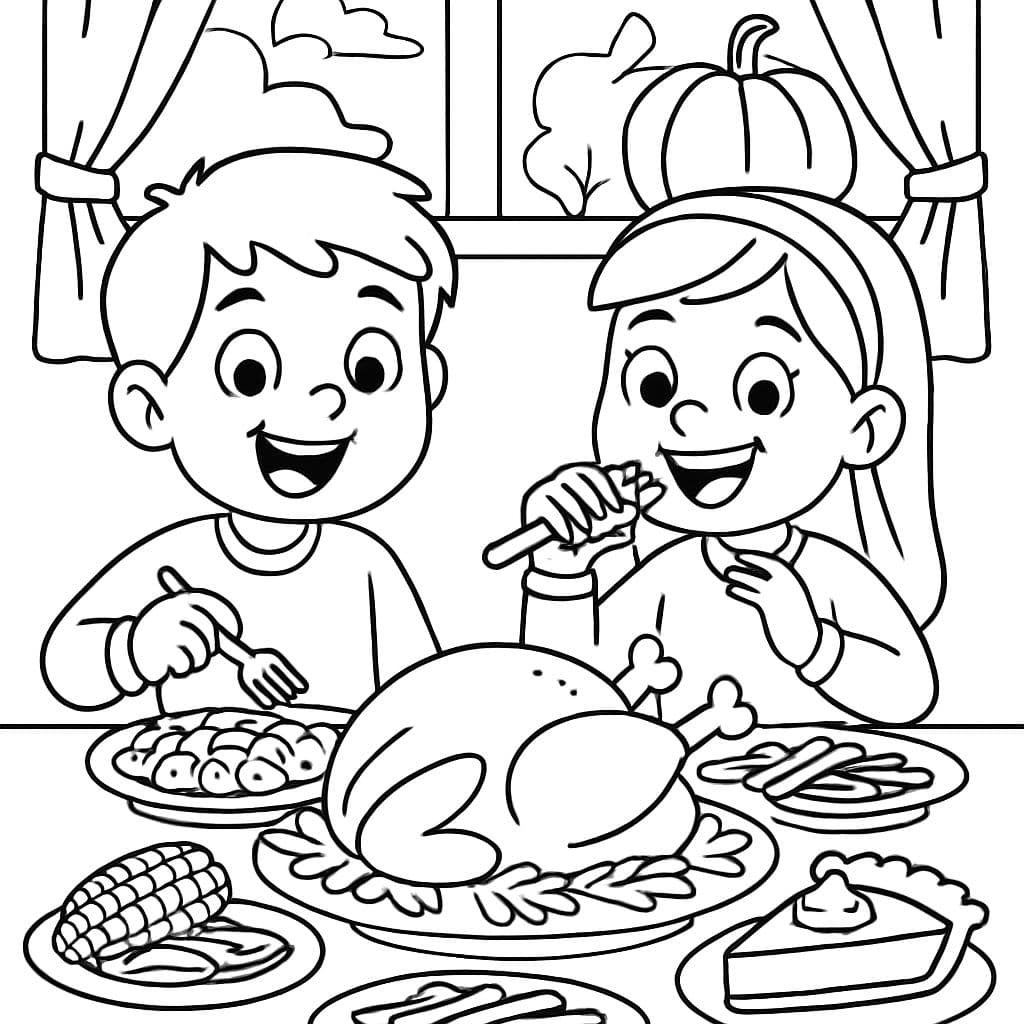 garçon et fille mangeant le dîner de Thanksgiving avec de la dinde, du maïs, des carottes coupées, de la purée de pommes de terre, des haricots verts et de la tarte à la citrouille