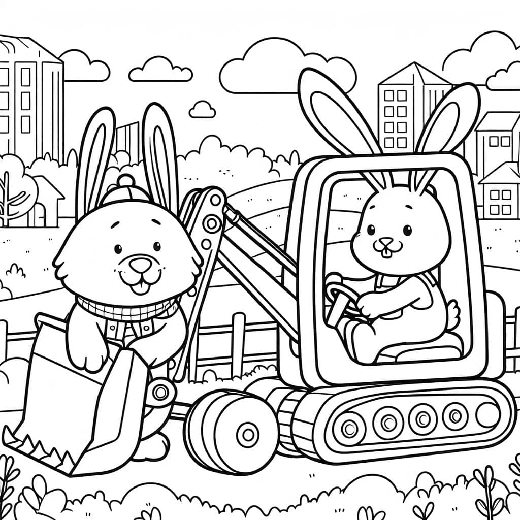 a dog and a rabbit in a digger. In the background, there is nothing to see. Only the digger with the animals is visible.