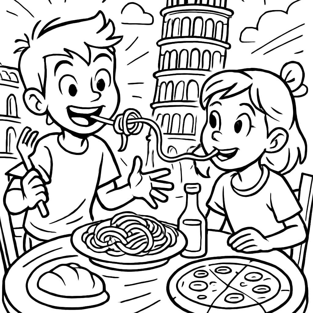 Ein Junge und ein Mädchen, die in Italien ein italienisches Essen genießen.