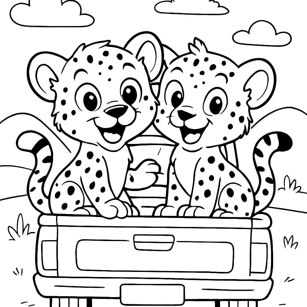 zwei Baby-Geparden, die im hinteren Bett eines Pickup-Trucks sitzen