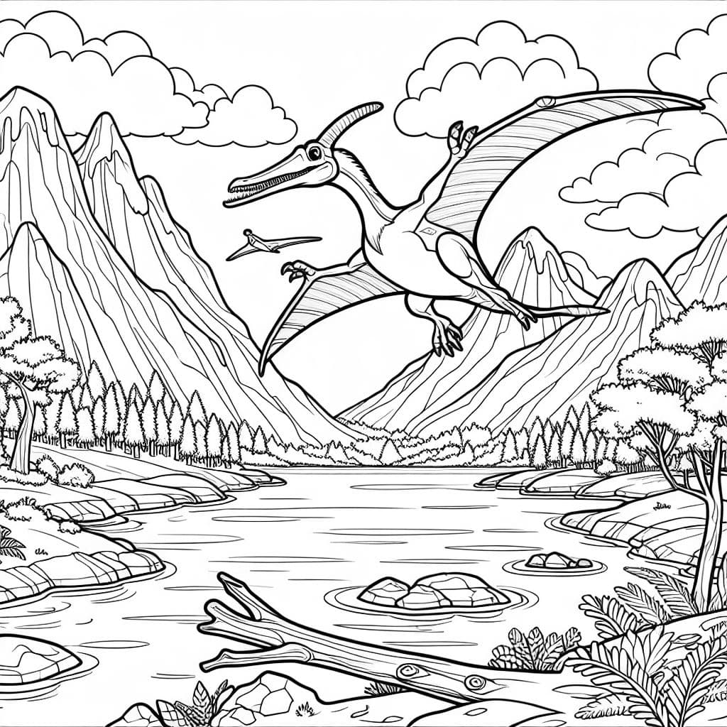 einen Pteranodon, der über einen Gebirgssee fliegt