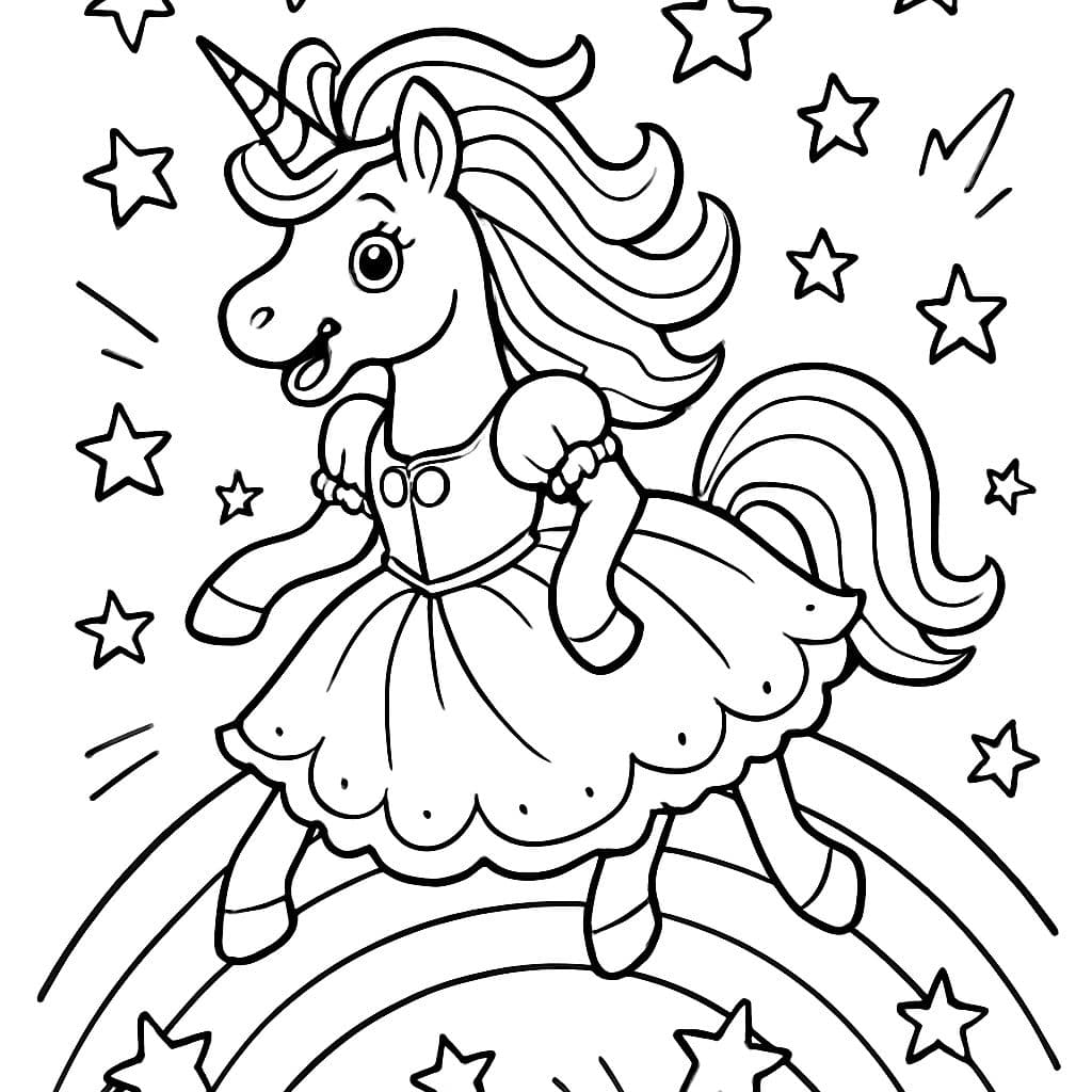 Un unicornio en un hermoso vestido de princesa con cabello ondulado rodeado de un arcoíris de estrellas