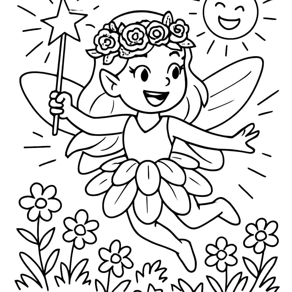 Une fée avec une robe de fleurs et une couronne de roses tenant une baguette magique dans une prairie de fleurs où le soleil brille.