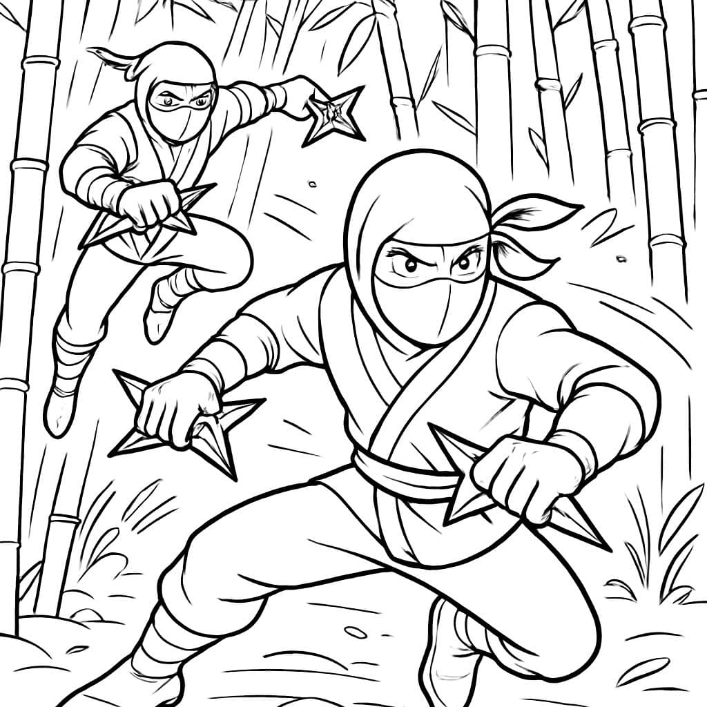 Deux ninjas se battent avec des shurikens dans une forêt de bambous