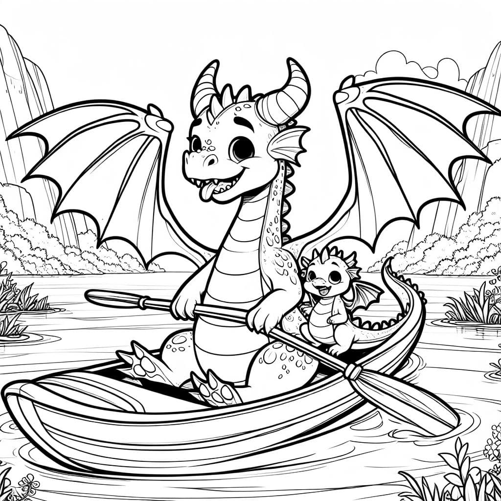 Dragon dad and young dragon happily sitting in kayak on a lake
