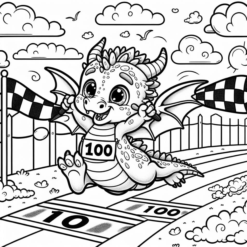 a young cute dragon flying in a race crossing the finish line with bib number 100