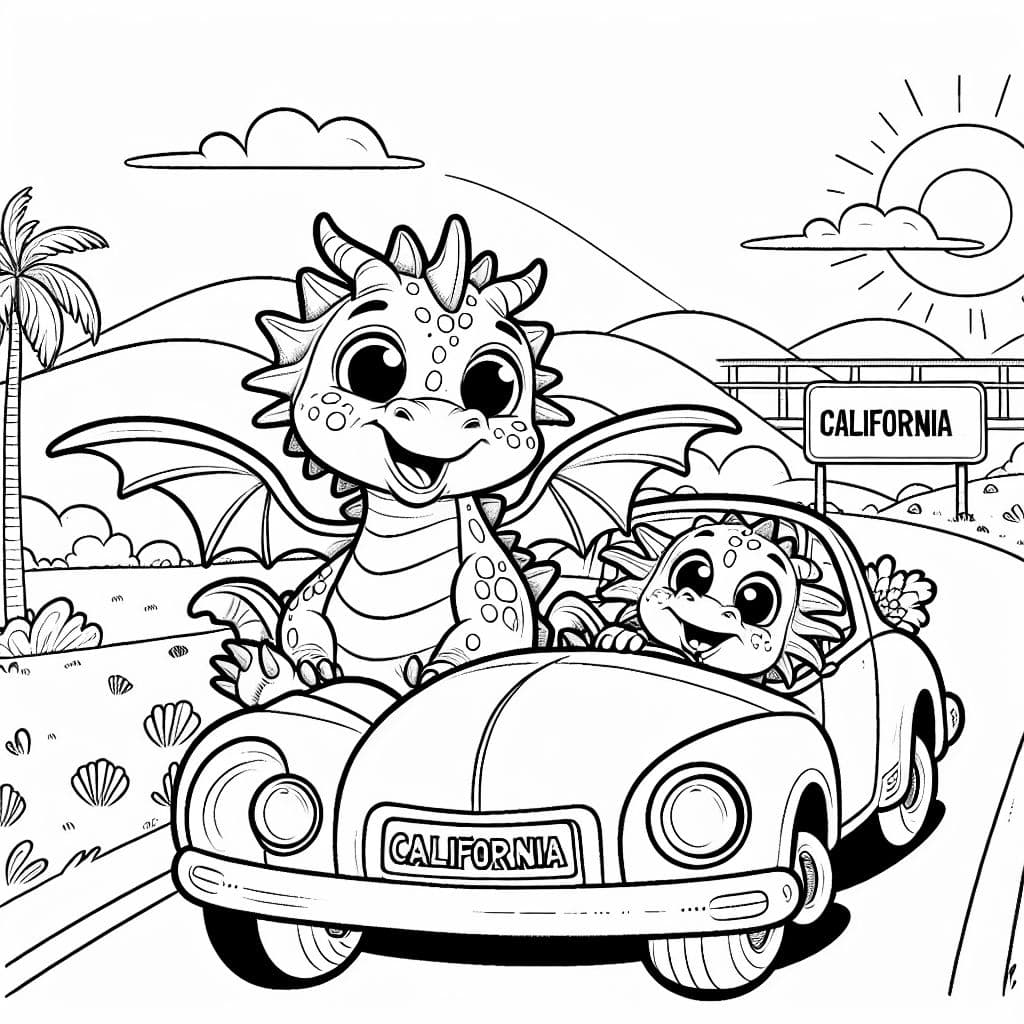 young cute dragon and his mom dragon driving in a car to california