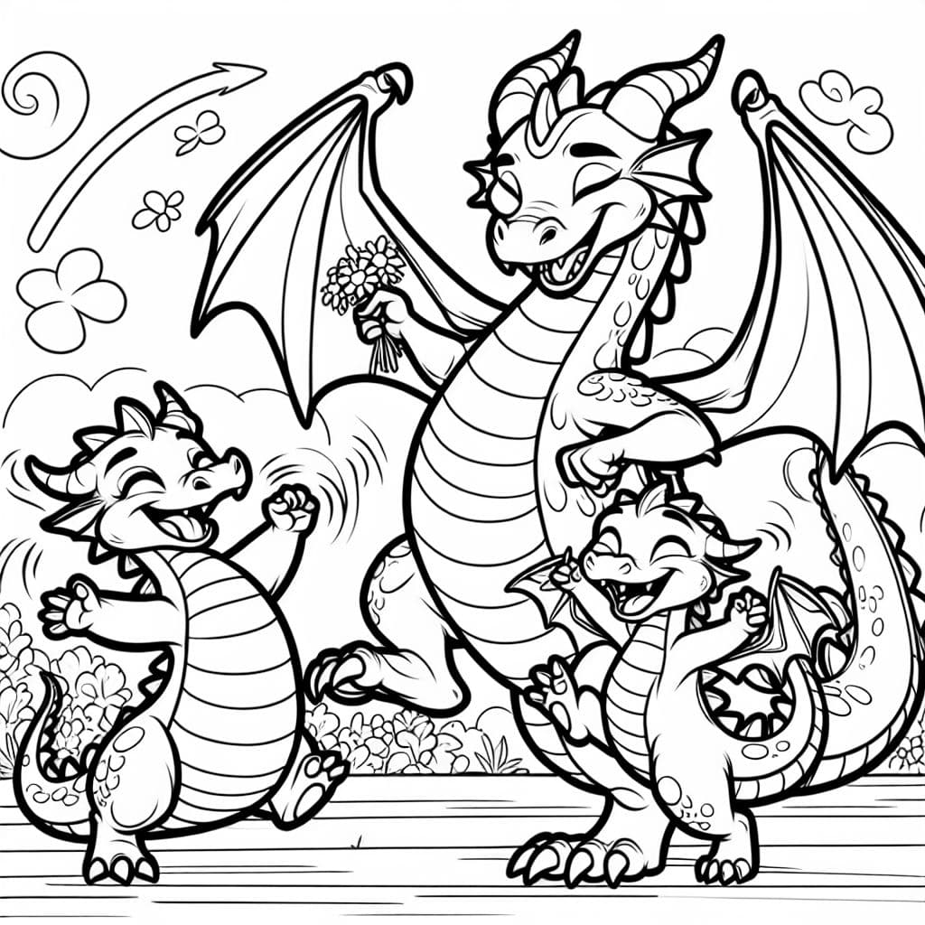 mom and dad dragon dancing with their two dragon sons