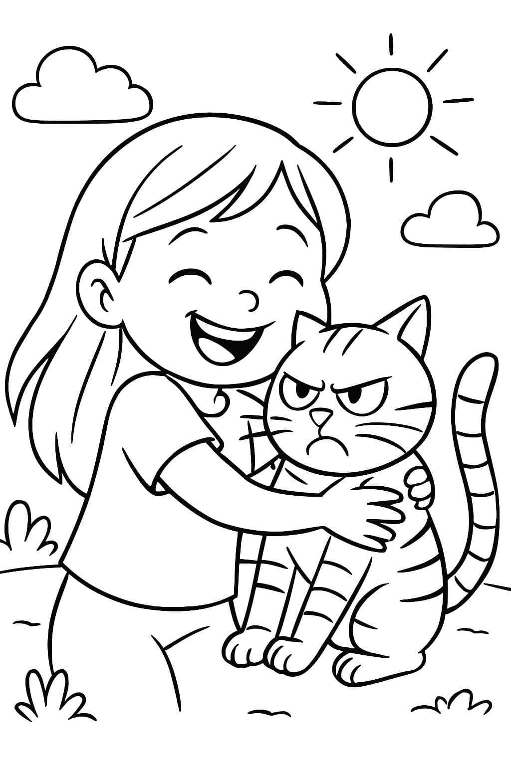 Una niña pequeña con cabello largo, abrazando a su gato rayado asustado y enojado.