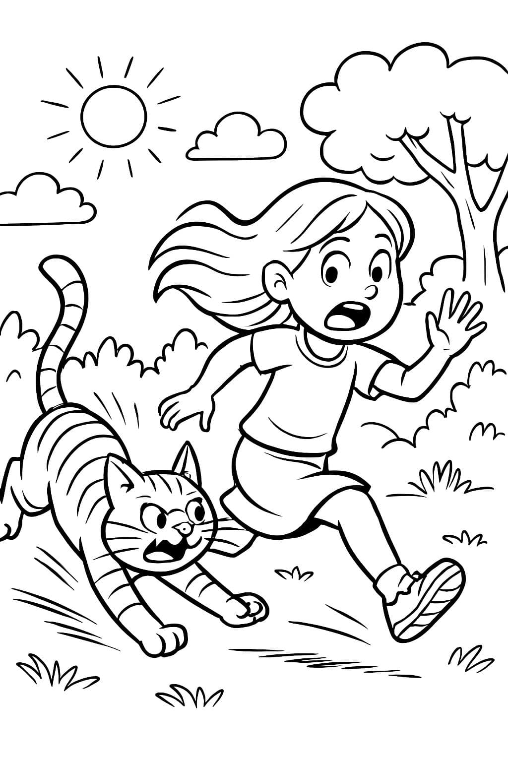 Un gato rayado persiguiendo a una niña de 4 años con el cabello largo.