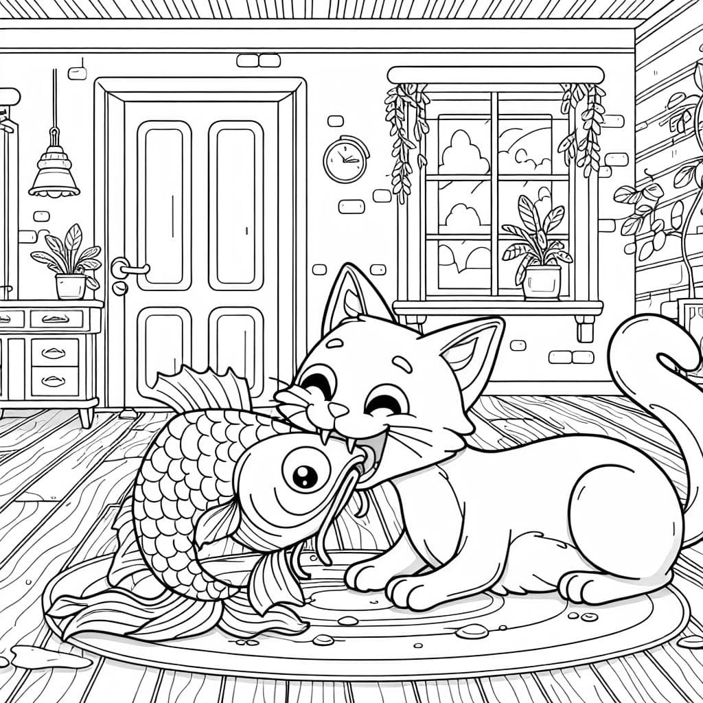 un gato comiendo un pez con una cola larga en el suelo dentro de una casa