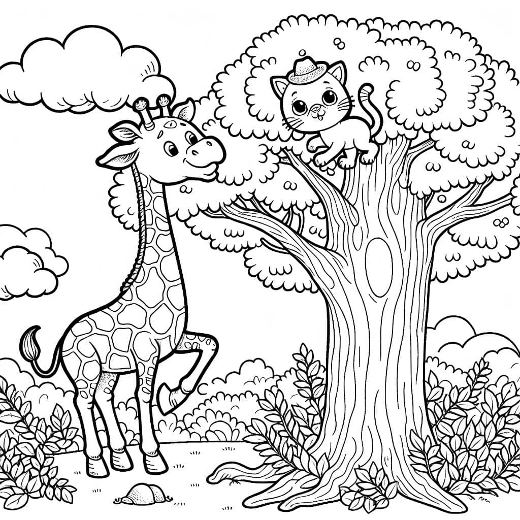 une girafe grimpant à un arbre parce qu'elle a peur d'un chat