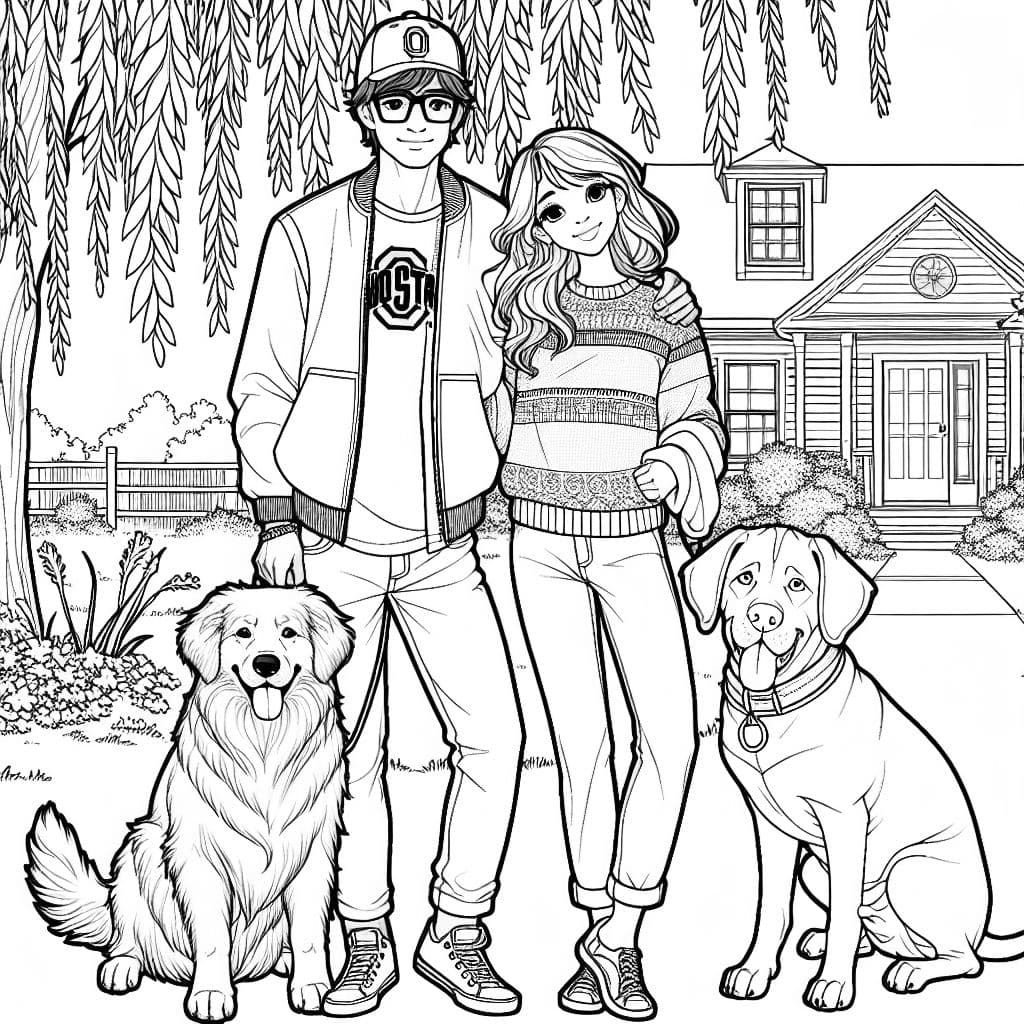 Un hombre con cabello marrón esponjoso, usando gafas cuadradas en su cara, una gorra en su cabeza, usando una camiseta de Ohio State y jeans. Una mujer con cabello rojo marrón en una trenza de lado, usando un suéter y jeans con sandalias en sus pies. Un gran golden retriever y un cachorro cane corso. De pie afuera bajo un árbol de sauce llorón frente a una pequeña casa.