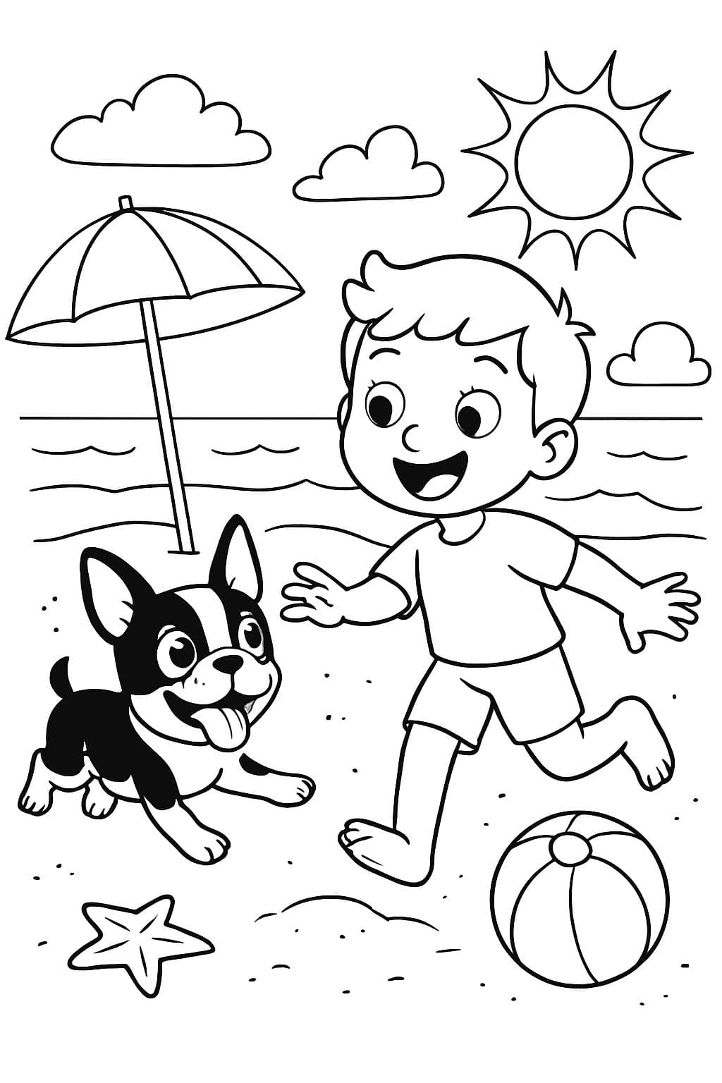 boston terrier en la playa con un niño de 6 años