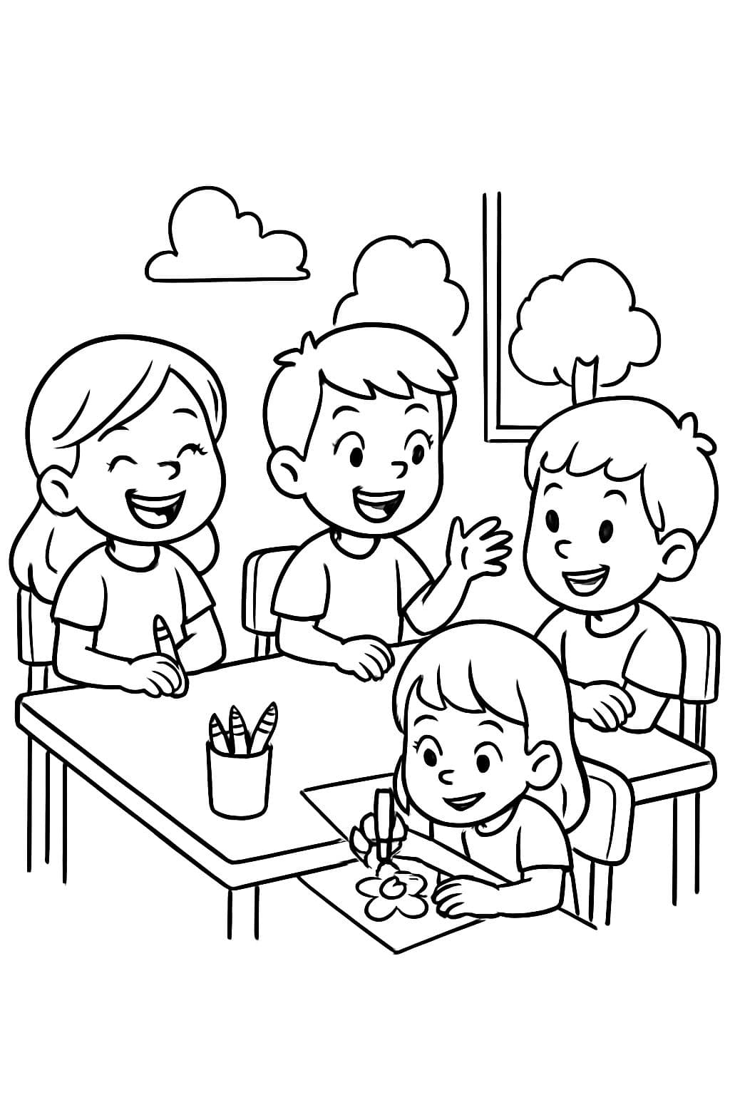 Niños sentados en una mesa hablando o coloreando.