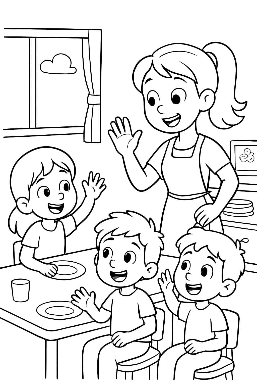 Niños pidiendo permiso a la monitora para salir del comedor.