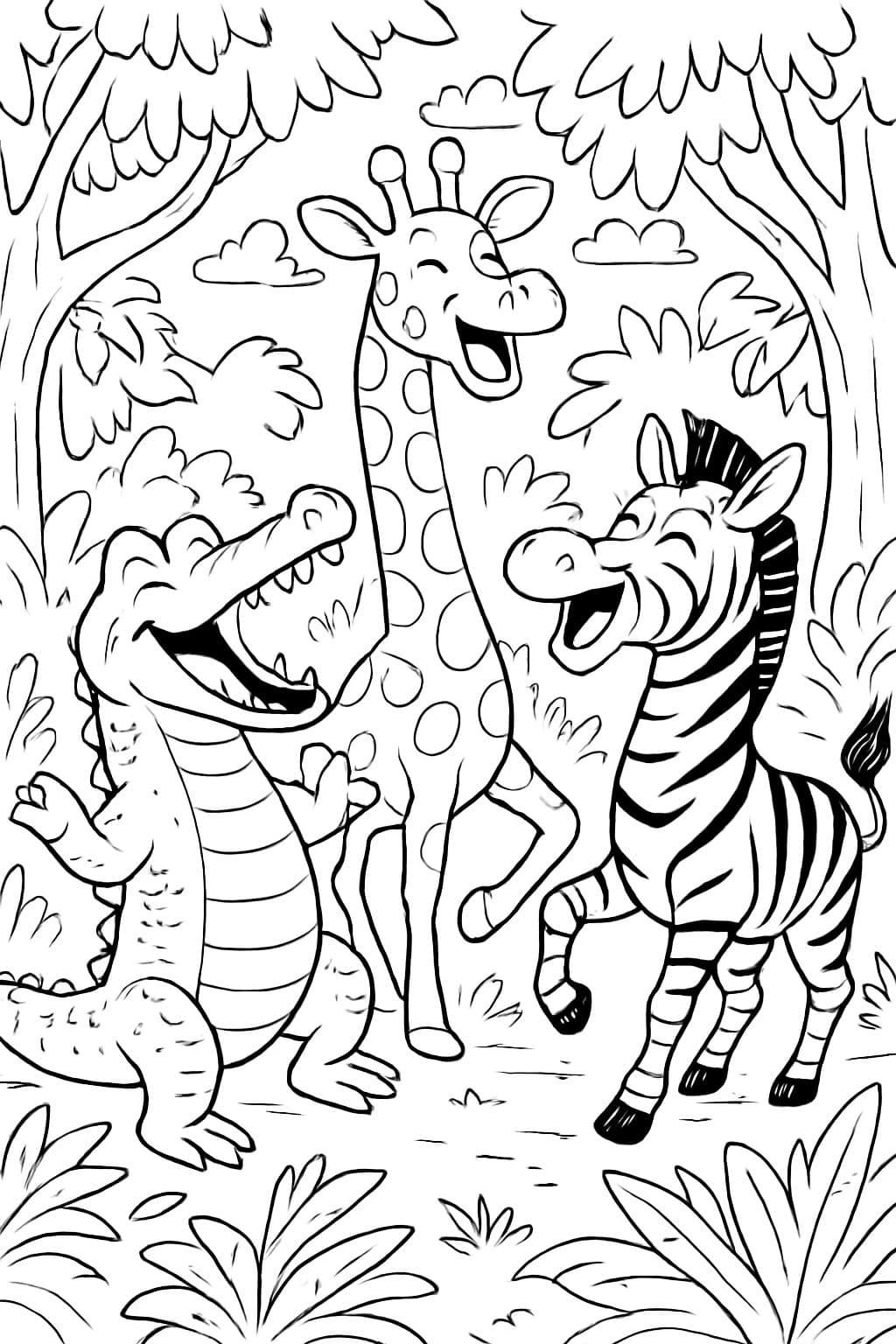 cocodrilo, jirafa y cebra se rien en la selva