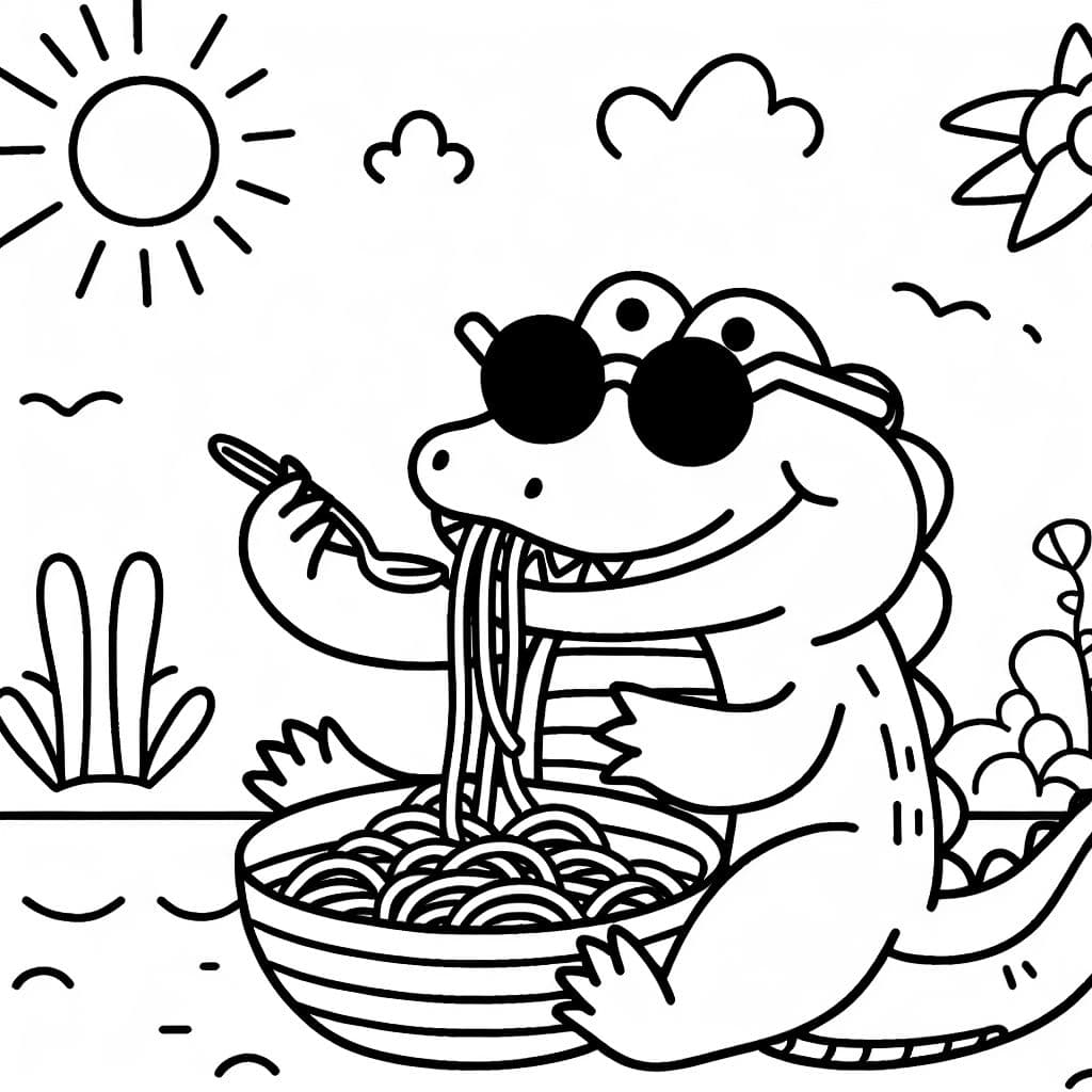 Un alligator avec des lunettes de soleil mange des spaghettis.